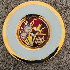 Art of Chokin Plate - Japanese - Bird on Flower - 24k Gold Edges